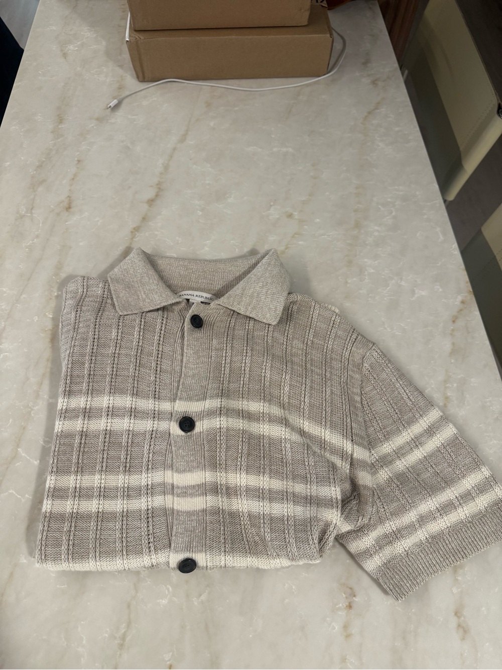 Mens Short-Sleeve Knit Polo Shirt in Beige Stripe